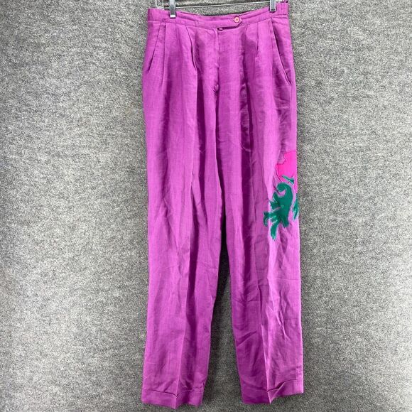 Sherman Pants - Jerri Sherman Pants Women 8 Purple High Rise Pleated Straight Linen Cuffed